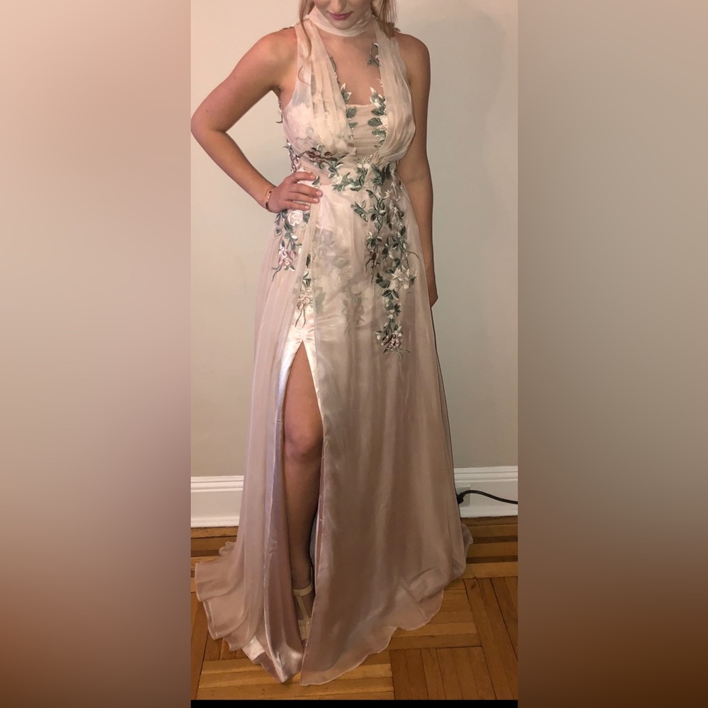 Portia & Scarlett beige floral tulle a line evening gown dress size 4 - medium